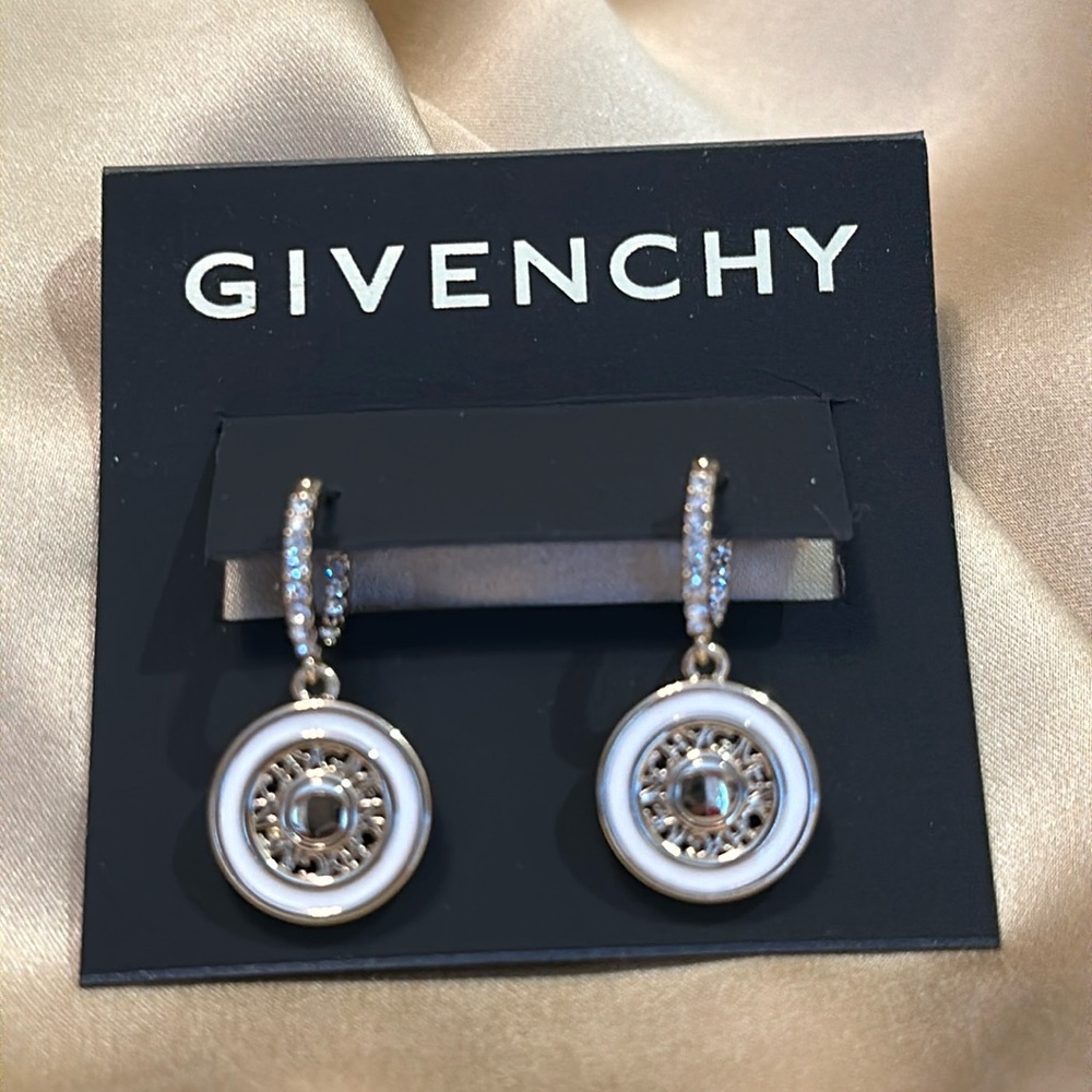Givenchy earrings Color framed logo charm pierced Pave Huggies hoop 1”x 1/2” NWT